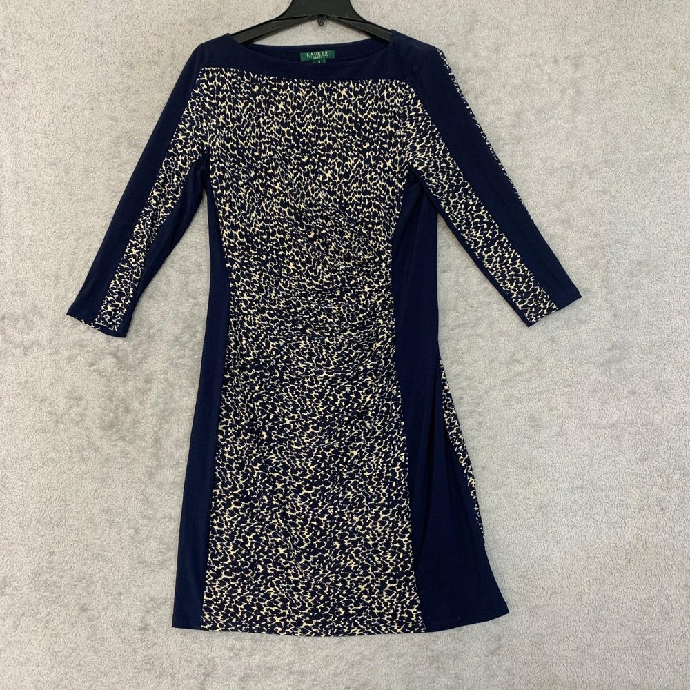 Lauren Ralph Lauren Women's 12 Navy Blue Animal Print Midi Sheath Dress